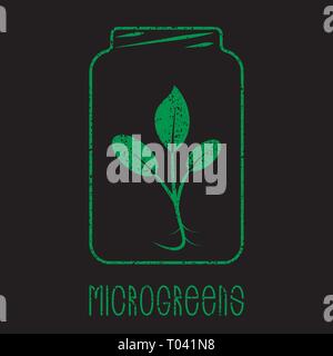 Microgreens Logo. Anlage in einem Glas. Grunge Effekt. Schwarzen Hintergrund. Saatgut und Leben microgreens packaging design Stock Vektor