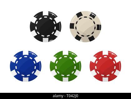 Casino-Chipsatz. Schwarze, blaue, rote, grüne und weiße Vektorillustration. Stock Vektor