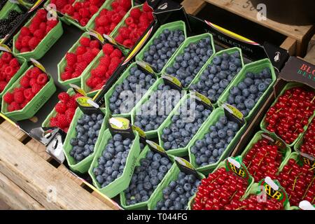 Bluberries, rote Johannisbeeren und Himbeeren in Körbchen für Verkauf auf Marktstand Stockfoto