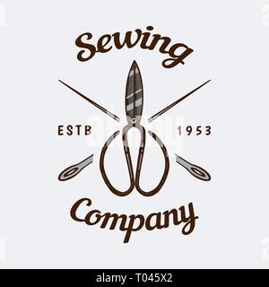 Nähen Schere. Shop Abzeichen individuell beschriften. Werkzeug und Element für Handarbeiten. Handgefertigt. Graviert Hand in alten Vintage Skizze gezeichnet realistisch. Stock Vektor