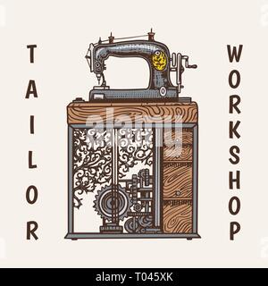 Nähmaschine. Shop Abzeichen individuell beschriften. Werkzeug und Element für Handarbeiten. Handgefertigt. Graviert Hand in alten Vintage Skizze gezeichnet realistisch. Stock Vektor