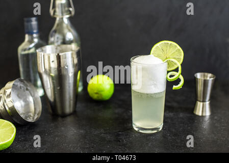 Ei Gin Fizz Cocktail mit Limetten garnieren. Die Gin Fizz Drink auf schwarzen Hintergrund, kopieren. Stockfoto