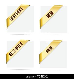 Verkauf gold Ecke Bänder. Neue, das beste Angebot, bester Preis, kostenlose Nachrichten. Vektor Design Elemente einstellen Stock Vektor