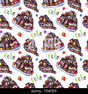 Schokoladenkuchen mit Beeren und Schneiden Schneiden, Handgemalten Aquarell Bild mit Beschriftung, nahtlose Muster auf weißem Hintergrund Stockfoto