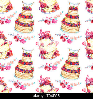 Hochzeitstorte mit Rosen und Blumen mit liebe Worte und mit Beeren und 'Mr & Mrs' auf die Oberseite, Blume Kompositionen, handbemalte waterco Stockfoto