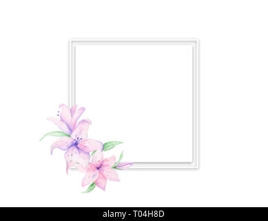 Hochzeit Einladung, floral einladen Karte, rosa Blumen und grüne Blätter geometrische. Rhombus Rechteck frame. Weiße quadratische Hintergrund. Grußkarte, tropi Stockfoto