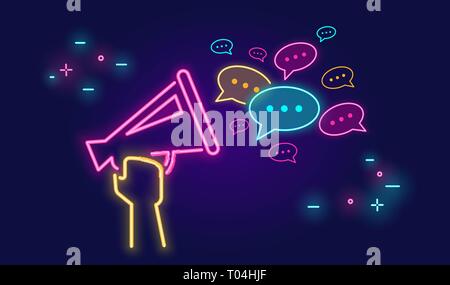 Megaphon heraus schreien mit Sprechblasen Banner für soziale Netzwerke im Neonlicht Stil auf dunklem Hintergrund. Helle Vektor neon Abbildung: megap Stock Vektor