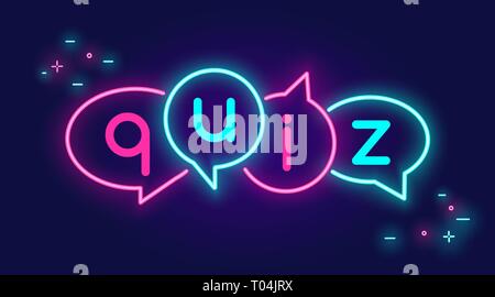 Quiz Sprechblasen Banner für soziale Netzwerke im Neonlicht Stil auf dunklem Hintergrund. Helle neon Vector Illustration für live Spiel zeigen und Frage Stock Vektor