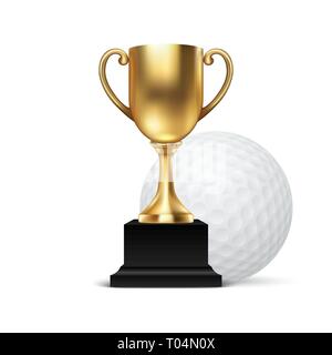 Realistische Vector3d Leer goldenen Meister Cup Symbol mit Golfball Set Closeup isoliert auf Weiss. Design Template von Championship Trophy. Sport Stock Vektor