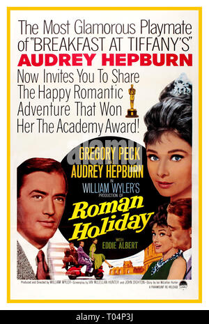 Jahrgang 1962 Jahrgang Film Plakat für das re-release der Amerikanischen romantische Komödie Roman Holiday, von William Wyler Regie und Hauptdarsteller Audrey Hepburn und Gregory Peck in den Hauptrollen. Ursprünglich im Jahr 1953 erschienen, der Film bot ihr ersten Hauptrolle zu einem jungen Audrey Hepburn, für die Sie kritische Beachtung fand und gewann viele Auszeichnungen, darunter den Academy Award für die beste Schauspielerin. Der Film wurde dann im Jahre 1962 nach dem Erfolg der Frühstück bei Tiffany's freigegeben, Stockfoto