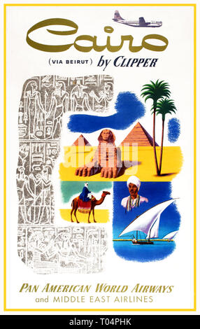 Original Vintage Travel poster Kairo (über Beirut) von Clipper - Pan American World Airways und Naher Osten Airline. Pan American World Airways, ursprünglich gegründet als Pan American Airways und allgemein als Pan Am bekannt, war die wichtigste und größte internationale Luftfahrtunternehmen und inoffizielle Fluggesellschaft der Vereinigten Staaten von 1927 bis zu seinem Zusammenbruch am 4. Dezember 1991. Es wurde 1927 als eine geplante Air Mail und Personenverkehr zwischen Key West, Florida und Havanna, Kuba gegründet. Die Fluggesellschaft ist für viele Innovationen, die die internationale Luftfahrtindustrie geprägt, einschließlich der gutgeschrieben Stockfoto