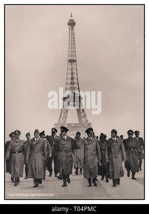 HITLER Eiffelturm PARIS Adolf Hitler mit seiner Gruppe hochrangiger Nazi-deutscher Militäroffiziere, darunter der Industriestratege Albert Speer auf seiner rechten Seite, im besetzten Paris mit dem Eiffelturm im Hintergrund. Ein ikonisches, sorgfältig arrangierte Nazi-Propagandabild mit deutscher Bildunterschrift über die Besetzung Nazi-Deutschlands im 2. Juli 1940 in Frankreich Stockfoto