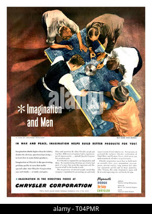 1940er Jahre Vintage "IMAGINATION AND MEN" Poster WW2 Chrysler Corporation American Industrial war Bemühung Motivation, mit Arbeitern studieren eine mechanische industrielle Blaupause Autos LKW Tanks Guns Propaganda Werbung "Imagination and Men" USA Stockfoto
