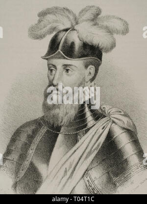 Francisco Pizarro (1478-1541). Spanische Eroberer des Inkareiches. Die Lithographie. Detail. Zeichnung von Jose Cebrian (1839-1904). Cronica de España, Historia y Ilustrada Descriptiva de Sus Provincias. Extremadura, 1870. Stockfoto