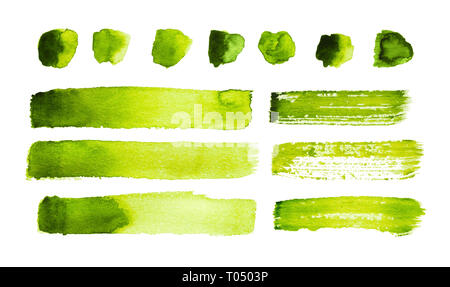 Grüne aquarell Anschläge und Flecken auf weißem Hintergrund Stockfoto