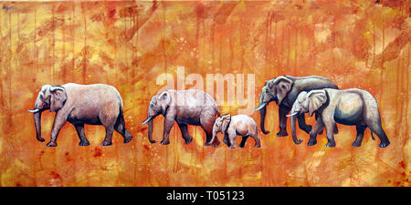 Elefanten Abbildung. Elefantenfamilie Acryl Malerei. Stockfoto
