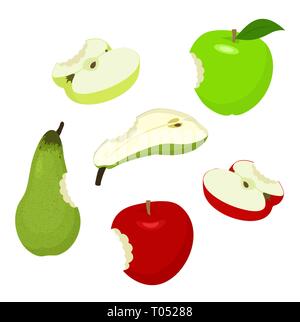 Bitteb Apfel und Birne. Rot, Grün, Hälfte, in Scheiben geschnitten, gebissen, Äpfel und Birnen. Vector Illustration auf weißem Hintergrund. Stock Vektor