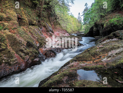 North Esk River fließt durch eine felsige Wasserrinne im Herbst in der Nähe von Edzell, Angus, Schottland Stockfoto