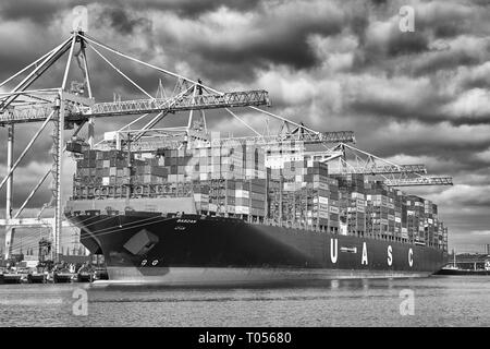 Moody Schwarz-weiß-Foto des ultragroßen, 400 Meter langen UASC-Containerschiffs BARZAN, das im Southampton Container Terminal ein- und auslädt Stockfoto