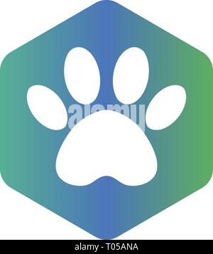 Tier footprint sechseckige. Blau und Grün gradient vector Hexagon-form Symbol mit den Tieren. Katze Pfote Symbole isoliert. Stock Vektor