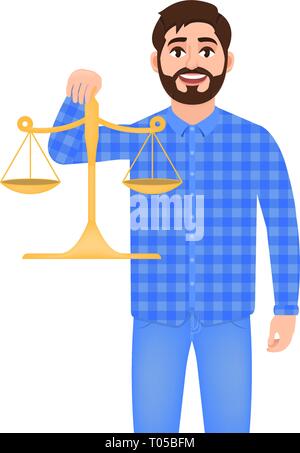 Der bärtige Mann hält Waagen, Mann etwas wiegt, Kerl in kariertem Hemd und Jeans gekleidet, Charakter im Comic-Stil Stock Vektor