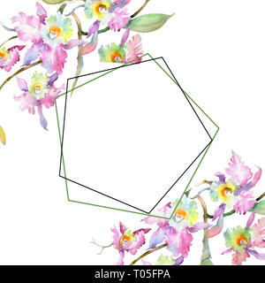 Blumenstrauß aus rosa Orchidee. Florale botanischen Blumen. Aquarell Hintergrund Abbildung. Rahmenlinie ornament Quadrat. Stockfoto