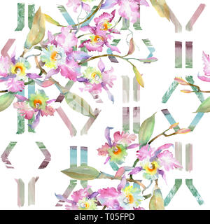Blumenstrauß aus rosa Orchidee. Florale botanischen Blumen. Aquarell Hintergrund Abbildung. Nahtlose Muster. Stockfoto