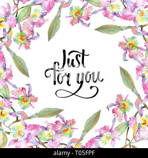 Blumenstrauß aus rosa Orchidee. Florale botanischen Blumen. Aquarell Hintergrund Abbildung. Rahmenlinie ornament Quadrat. Stockfoto