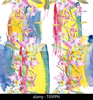 Blumenstrauß aus rosa Orchidee. Florale botanischen Blumen. Aquarell Hintergrund Abbildung. Nahtlose Muster. Stockfoto