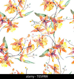 Zweig der gelbe Orchidee. Florale botanischen Blumen. Aquarell Hintergrund Abbildung. Nahtlose Muster. Stockfoto