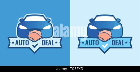 Auto - Logo für Auto Dealership. Vorderansicht des Auto mit Handschlag - Kreative Emblem Stock Vektor