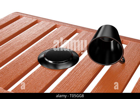 3D-Rendering von Schwarz glänzend Kaffeebecher mockup Vorlage leer und leer, auf weißem Hintergrund mit Holztisch isoliert. Stockfoto
