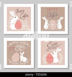 Frohe Ostern Retro Poster. Frohe Ostern Grußkarte mit Vintage bunny Warenkorb und Text ribbon Vektor Hand gezeichnet vector Abbildung Stock Vektor