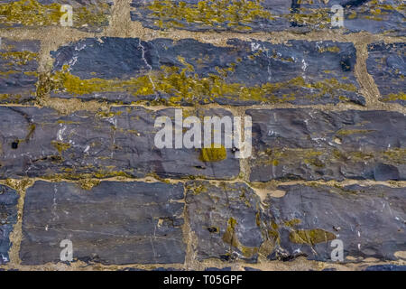 Muster der große, graue Felsen in Moos bedeckt, natürliche Architektur Hintergrund Stockfoto