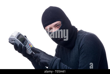 Bild der Dieb im schwarzen Maske mit Terminal in Händen. Stockfoto