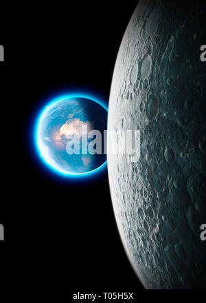 Mond und Erde vom Weltraum aus gesehen. Mond und Erde im Hintergrund. Die Erde vom Mond aus gesehen. 50. Jahrestag der Mondlandung Stockfoto