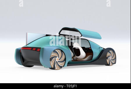 Selbstfahrer Elektroauto mit der rechten Tür geöffnet auf weißem Hintergrund. 3D-Bild. Stockfoto