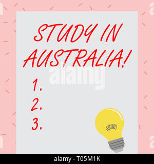 Text Zeichen zeigen Studieren in Australien. Business foto Präsentation ins Ausland Bestellung vervollständigen Sie Ihre Studien Glühbirne mit Fi Stockfoto