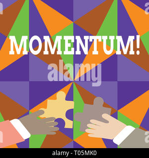 Handschrift Text an Schwung. Konzeptionelle foto Menge Bewegung in sich bewegenden Körper Produkt aus Masse und Geschwindigkeit zwei Hände halten bunte Puzzle Stück Stockfoto