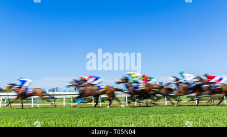 Pferderennen Tiere Jockeys in einer Geschwindigkeit, die Bewegungsunschärfe Aktion Foto. Stockfoto