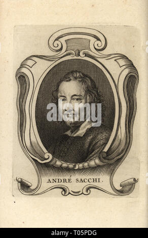 Porträt von Andrea Sacchi, italienischer Maler des Barock Klassizismus 1599-1661. Andre Sacchi. Kupferstich nach einem Porträt von Carlo Maratta von Antoine-Joseph Dezallier d'Argenville des Abrege de la vie des plus fameux Peintres, Leben der berühmtesten Künstler, de Bure l'aine, Paris, 1762. Stockfoto