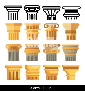 Alte Spalte Icon Set Vektor. Architektur römische Symbol. Antike Säule. Griechenland Gebäude. Rom Kultur. Alte grafische Element. Historische. Line, Flach Stock Vektor