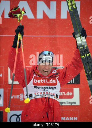Schonach, Deutschland. 17 Mär, 2019. Nordic Ski/Kombination: Wm, single, normal Hill/10 km, Männer, Langlauf: Dritte platziert Bernhard Gruber aus Österreich ist auf dem Podium. Quelle: Patrick Seeger/dpa/Alamy leben Nachrichten Stockfoto