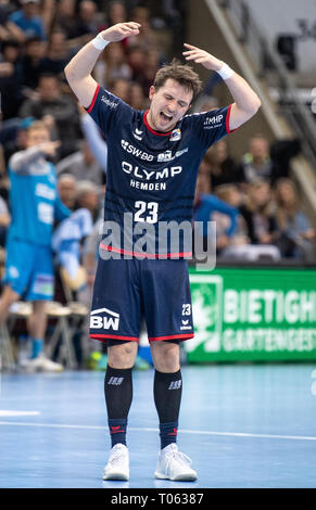 Ludwigsburg, Deutschland. 17 Mär, 2019. Handball: Bundesliga, SG BBM Bietigheim - TVB Stuttgart, den 24. Spieltag: Jan Asmuth aus Bietigheim wird wütend, nachdem er ein Ziel. Credit: Fabian Sommer/dpa/Alamy leben Nachrichten Stockfoto