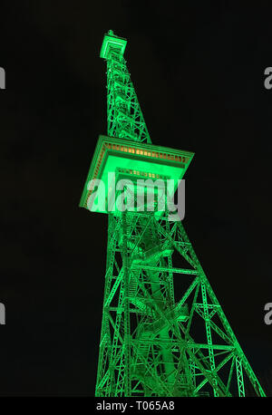 Berlin, Deutschland. 17 Mär, 2019. Der Funkturm leuchtet grün Anlässlich des irischen Nationalfeiertag St. Patrick's Day. Credit: Paul Zinken/dpa/Alamy leben Nachrichten Stockfoto