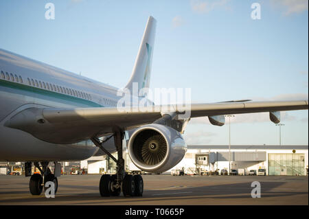 Glasgow, UK. 17. März 2019. Schottland Fußball Team private Flugzeuge auf der Rampe in Glasgow Flughafen Stunden vor Abflug mit der Mannschaft gesehen. Air X betreiben Luxus Transportflugzeuge mit dieser Airbus A340-300 (reg: 9H - BIG), ihr Flaggschiff Flugzeug mit Platz für 100 Passagiere und 12 Besatzungsmitglieder mit flachbett Sitze mit einem 2-2-2 Sitzgruppe auf einem breiten Körper Flugzeuge. Credit: Colin Fisher/Alamy leben Nachrichten Stockfoto