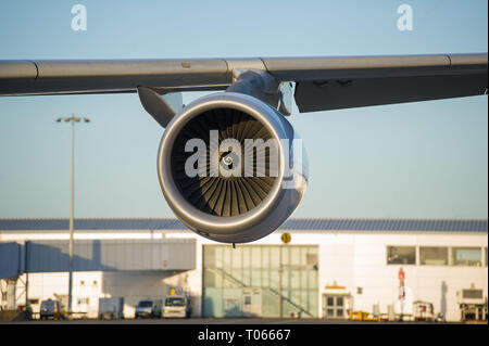 Glasgow, UK. 17. März 2019. Schottland Fußball Team private Flugzeuge auf der Rampe in Glasgow Flughafen Stunden vor Abflug mit der Mannschaft gesehen. Air X betreiben Luxus Transportflugzeuge mit dieser Airbus A340-300 (reg: 9H - BIG), ihr Flaggschiff Flugzeug mit Platz für 100 Passagiere und 12 Besatzungsmitglieder mit flachbett Sitze mit einem 2-2-2 Sitzgruppe auf einem breiten Körper Flugzeuge. Credit: Colin Fisher/Alamy leben Nachrichten Stockfoto