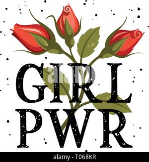 Girl Power t-shirt design, Slogan Typografie mit roten Rosen, Stickerei Patch. Weibliche Graphic Tee. Vektoren Stock Vektor