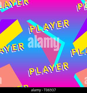 Vaporwave nahtlose 80er Jahre Stil Muster mit geometrischen Formen. Bunten Hintergrund mit Formen, Verläufe und Text. Stock Vektor