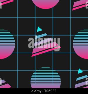 Vaporwave nahtlose 80er Jahre Stil Muster mit geometrischen Formen. Bunten Hintergrund mit Formen, Verläufe und Text. Stock Vektor
